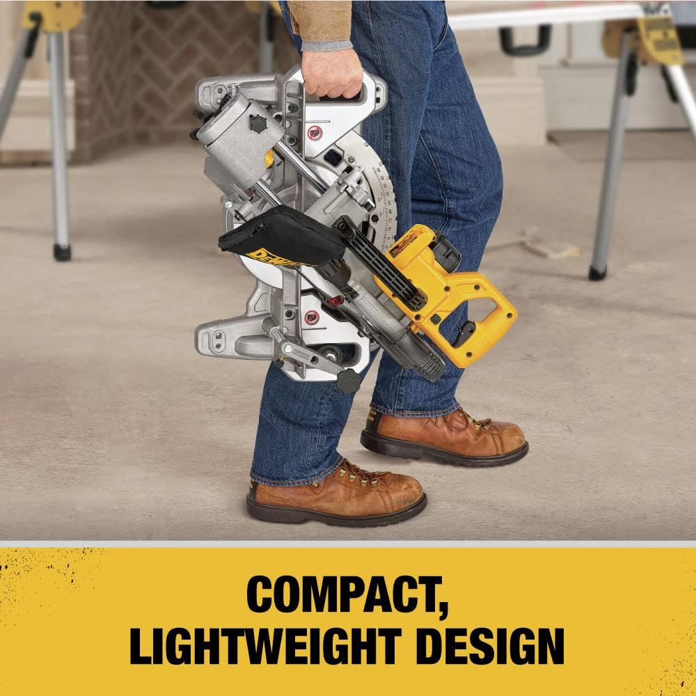 🟣 Diseño compacto y portátil de la sierra de inglete DeWalt ideal para espacios reducidos y trabajos móviles