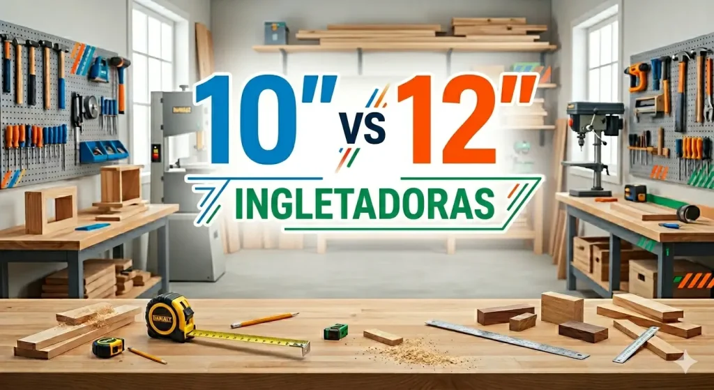 🟣 DESCUBRE la Comparativa de ingletadora Dewalt 10 vs 12 pulgadas en taller de carpintería, mostrando diferencias de tamaño y capacidad de corte según el tipo de trabajo. ENTRA AHORA ! !!